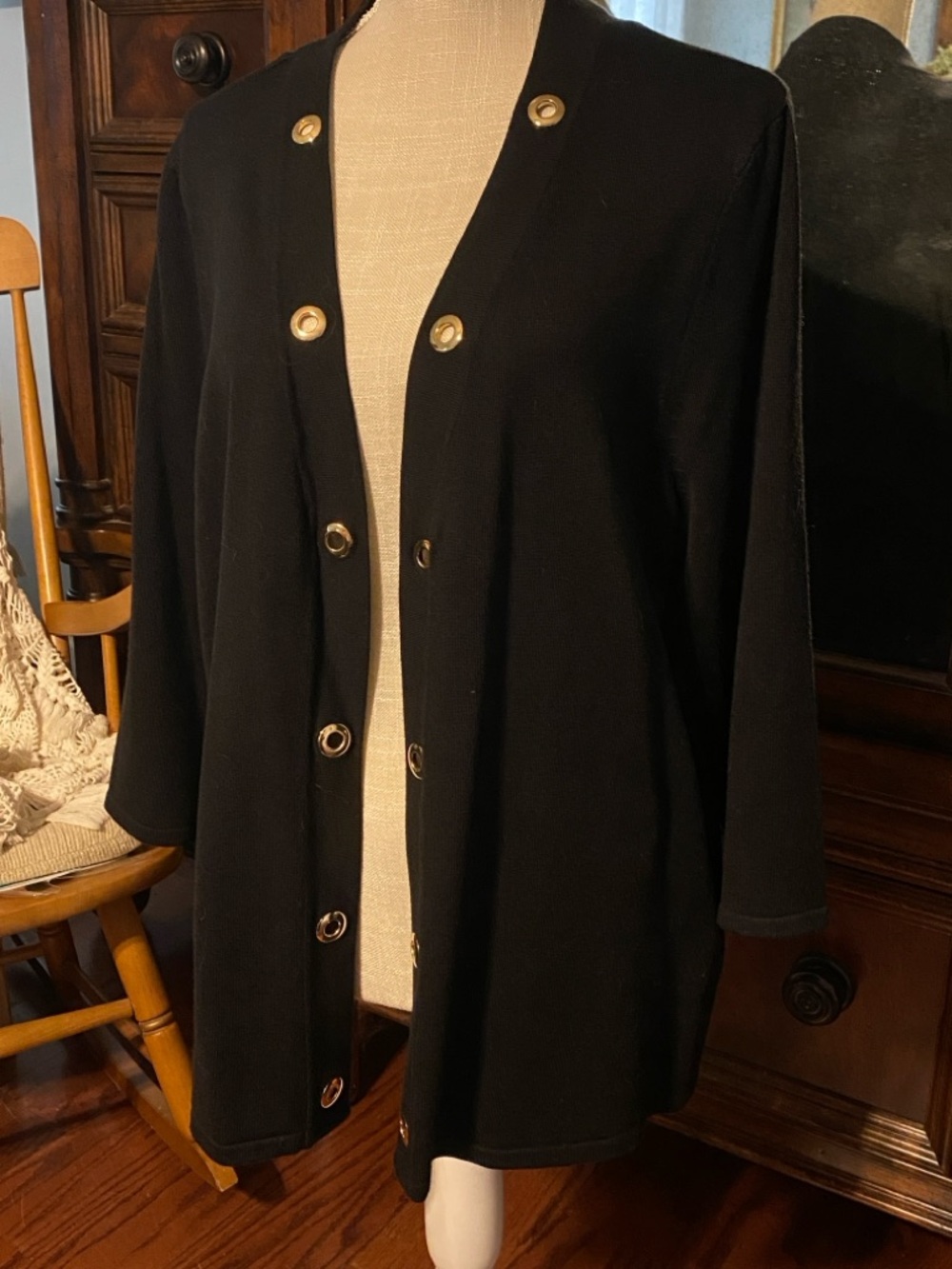 PRICE DROP JM Collection Black Open Cardigan, Gold Grommets, Size XL, NWOT